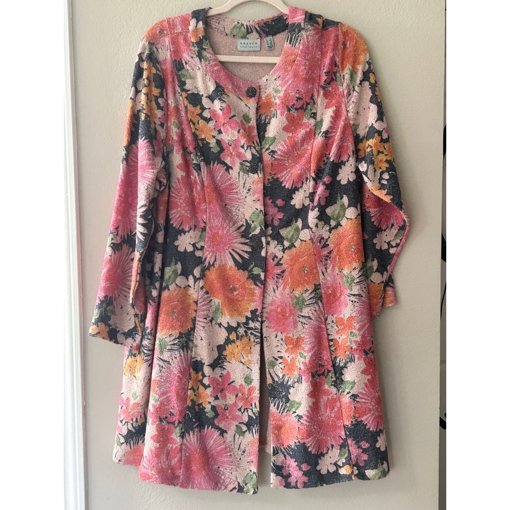 Susan Graver Floral Metallic Knit Cardigan Jacket Pink Orange 1X A347096